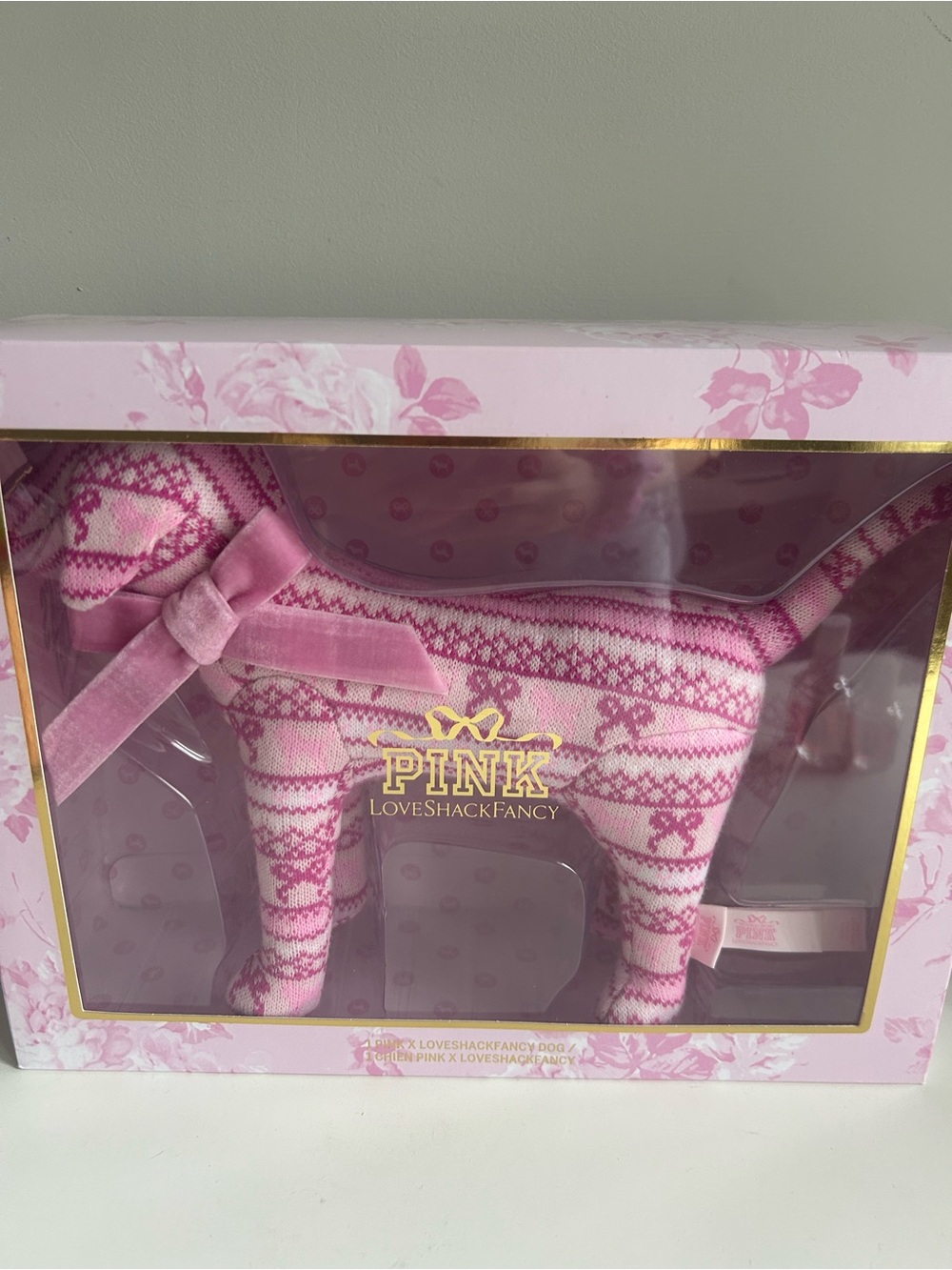PINK Victoria's Secret Plush Pink Fair Isle Dog Figurine